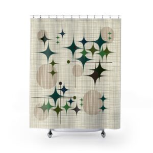 Shower Curtain — Retro Mid-Century Starburst Pattern in Teal & Olive