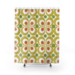 Retro Floral Shower Curtain — 1970s-Inspired Geometric Pattern in Olive & Orange