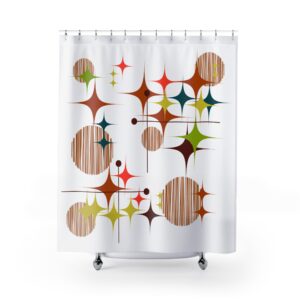 Mid-Century Starburst Shower Curtain — Retro Atomic Bathroom Decor