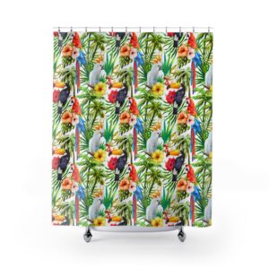 Tropical Parrot Shower Curtain — Colorful Toucan & Macaw Floral Bath Decor