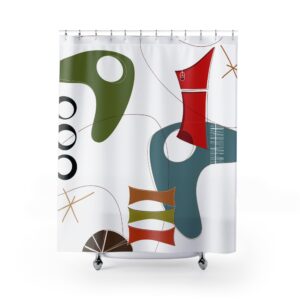 Mid-Century Abstract Shower Curtain — Retro Geometric Bathroom Decor