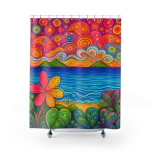 Tropical Sunset over the Mokuluas Shower Curtain — Vibrant Floral Ocean Art for Bright, Boho Bathrooms