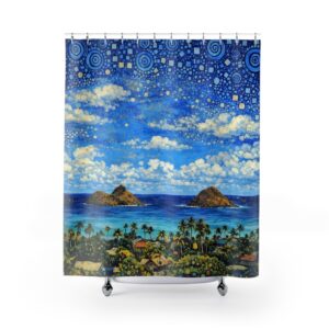 Mokulua Islands Klimt Style Art Shower Curtain — Lanikai Seascape with Abstract Geometric Sky