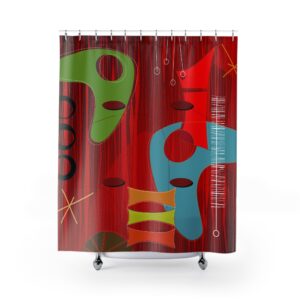 Mid-Century Modern Boomerang Pattern Shower Curtain — Retro Abstract Red Bath Decor