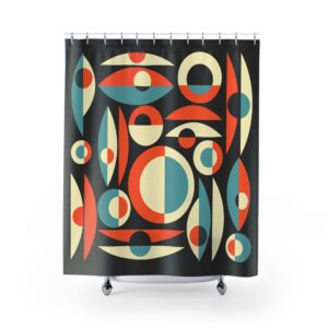 Eames-Era Pisces Shower Curtain — Abstract Fish on Charcoal Grey