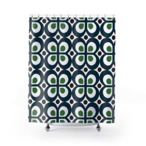 Geometric Clover Shower Curtain – Navy, Green & White Mid-Century Bathroom Decor