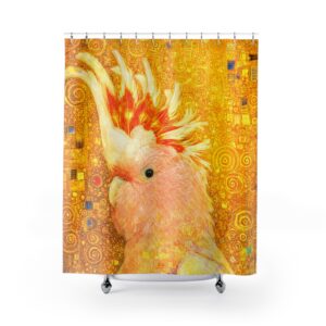 Cockatoo Klimt Art Shower Curtain — Vibrant Golden Parrot Bathroom Decor