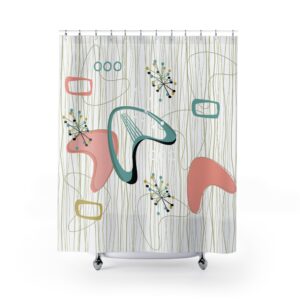 Mid-Century Abstract Shower Curtain — Retro Atomic Art in Teal & Coral