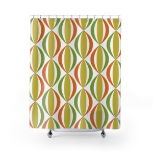 Retro Geo Leaf Shower Curtain — Mid-Century Green & Orange Bathroom Decor