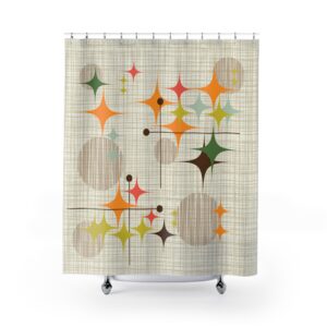 Mid-Century Starburst Shower Curtain — Retro Atomic Sparkle Bathroom Decor