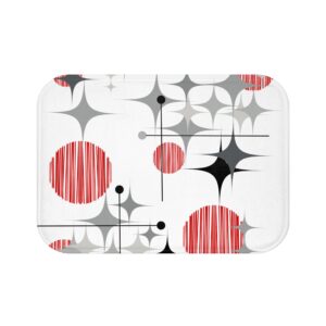 Mid-Century Retro Bath Mat — Red Atomic Starburst Design