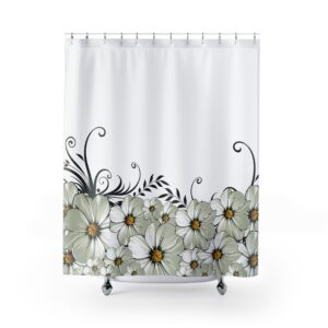 Floral Daisies Shower Curtain — Elegant White & Sage Bathroom Decor