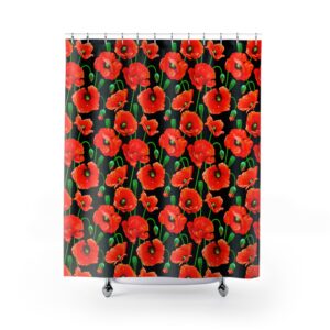 Poppy Bloom Shower Curtain — Bold Red Poppies on Black Floral Bathroom Decor