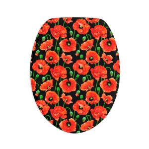Poppy Bloom Bath Mat Set — Bold Red Poppies on Black 3-Piece Floral Bathroom Rug Collection