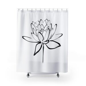 Lotus Flower Calligraphy Shower Curtain — Black Minimal Line Art Bath Decor