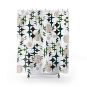 Midcentury Modern Starburst Galaxy Shower Curtain — Teal Olive Retro Globe Design