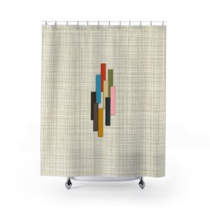 Mid-Century Geometric Shower Curtain — Beige Woven-Print Background with Colorful Vertical Bars