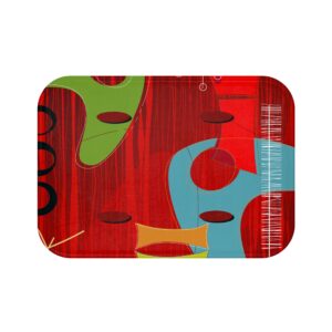 Mid-Century Modern Red Abstract Bath Mat — Retro Atomic Pattern