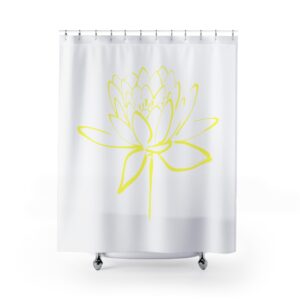 Lotus Flower Calligraphy Shower Curtain — Yellow Minimal Line Art Bath Decor