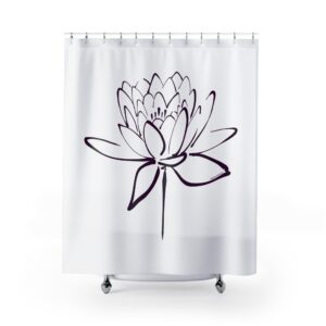 Lotus Flower Calligraphy Shower Curtain — Purple Minimal Line Art Bath Decor