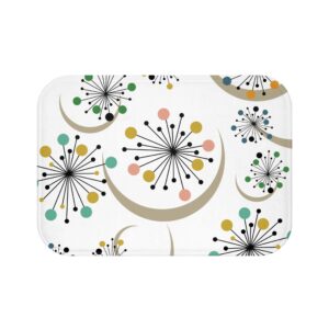 Mid-Century Dandelion Pattern NO BKGRND Bath Mat — Retro Atomic Floral Anti-Slip Bathroom Rug