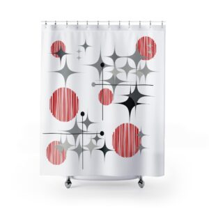 Mid-Century Starburst Shower Curtain — Retro Red Circles & Gray Atomic Pattern