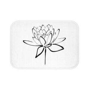 Lotus Flower Calligraphy Bath Mat — Black Minimal Line Art Bath Decor