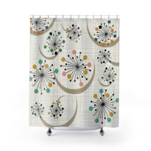 Mid-Century Dandelion Shower Curtain — Retro Atomic Floral Bathroom Decor