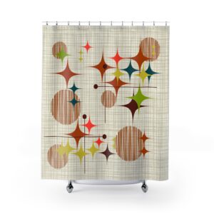 Mid-Century Starburst Shower Curtain — Retro Atomic Bathroom Decor