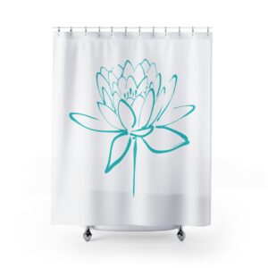 Lotus Flower Calligraphy Shower Curtain — Aqua Minimal Line Art Bath Decor