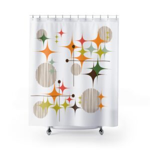 Mid-Century Starburst Shower Curtain — Retro Atomic Bathroom Decor