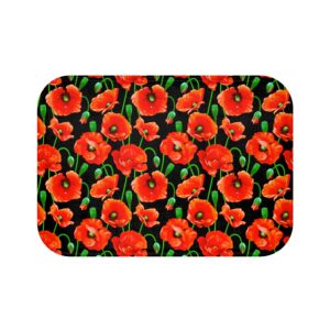 Poppy Bloom Bath Mat — Bold Red Poppies on Black Floral Bathroom Decor