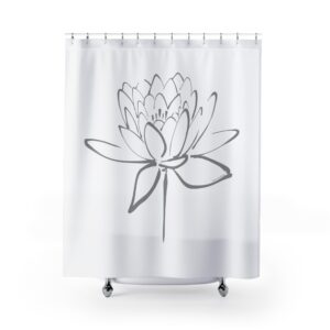 Lotus Flower Calligraphy Shower Curtain — Grey Minimal Line Art Bath Decor