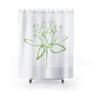 Lotus Flower Calligraphy Shower Curtain — Green Minimal Line Art Bath Decor