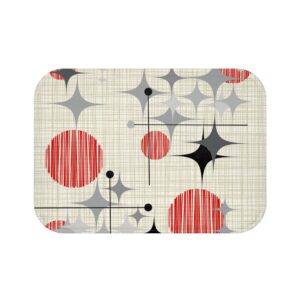 Mid-Century Retro Bath Mat — Atomic Starburst & Red Circle Pattern