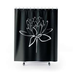 Lotus Flower Calligraphy Shower Curtain — White on Black Minimal Line Art Bath Decor