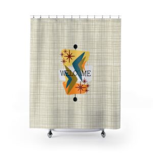Retro Welcome Sign Shower Curtain — Mid-Century Atomic Vibes Bathroom Decor