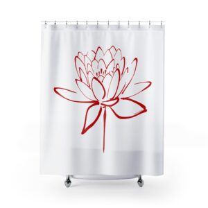 Lotus Flower Calligraphy Shower Curtain Red — Minimal Line Art Bath Decor