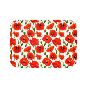 Poppy Pattern Floral Bath Mat – Bold Red Floral on White Background Anti-Slip Bathroom Rug