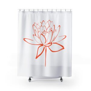 Lotus Flower Calligraphy Shower Curtain — Orange Minimal Line Art Bath Decor