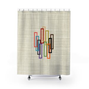 Mid-Century Geometric Shower Curtain — Neutral Plaid Background with Colorful Rectangle Motif
