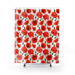 Poppy Pattern Shower Curtain — Bold Red Floral on White Background Bathroom Decor