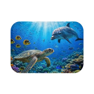 Ocean Life Bath Mat — Sea Turtle & Dolphin Underwater Coral Reef Bathroom Rug