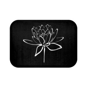 Lotus Flower Calligraphy Bath Mat — White on Black Minimal Line Art Bath Decor