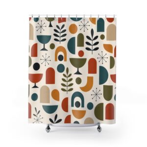 Mid-Century Geometric Shower Curtain — Retro Abstract Shapes & Leaf Pattern