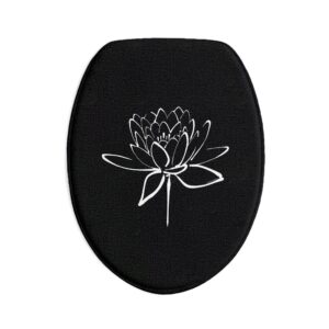 Lotus Flower Calligraphy Bath Mat Set — 3-Piece White on Black Minimal Line Art Bath Decor
