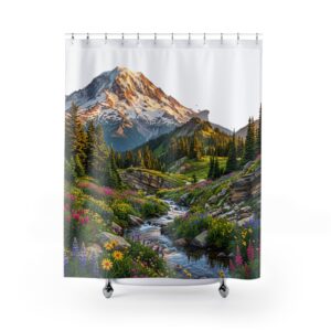 Mountain Meadow Shower Curtain — Scenic Alpine Landscape Bathroom Decor