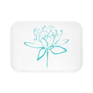 Lotus Flower Calligraphy Bath Mat — Aqua Minimal Line Art Bath Decor