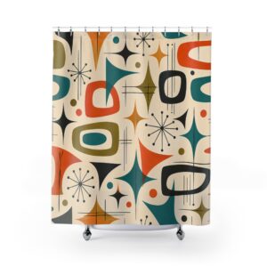 Retro Mid-Century Atomic Shower Curtain — Vintage 1950s Geometric Bathroom Decor